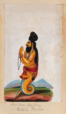 A maharishi (Patañjali?) with the head and torso of a man and a tail of a serpent or fish, with hands joined in reverence. Gouache painting by an Indian artist.