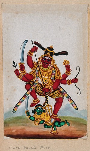 view Virabhadra killing a green demon. Gouache painting by an Indian artist.