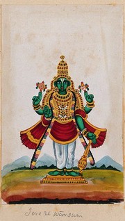 Lord Vishnu holding a discus, conch and a mace in each hand, with the fourth hand raised in a abhaya mudra. Gouache painting by an Indian artist.