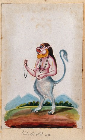 An Indian deity (?) with a human torso and the legs and tail of a lion(?), holding prayer beads in his hand. Gouache painting by an Indian artist.