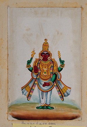view A four-armed Hindu deity holding an antelope and a vajra (?). Gouache painting by an Indian artist.