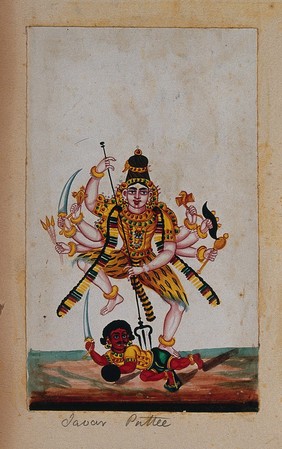 Shiva with eight arms killing a demon. Gouache painting by an Indian artist.