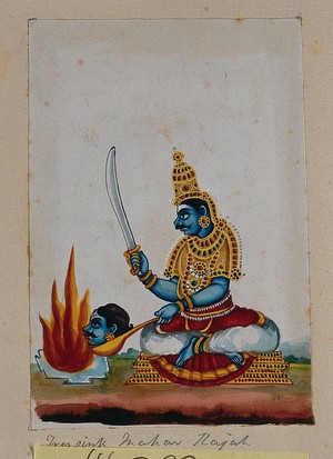view A king (?) conducting a havan (prayer ceremony) by offering a human head placed on a large spoon to the fire god. Gouache painting by an Indian artist.