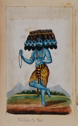 view A rishi with seven heads standing on one foot, wearing a tiger skin and holding prayer beadsin his hand. Gouache painting by an Indian artist.