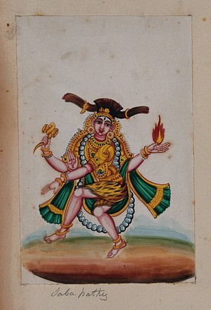 view A dancing form of Lord Shiva with the upper left hand holding a flame, the upper right holding an hourglass drum and the lower two in different mudra positions. Gouache painting by an Indian artist.