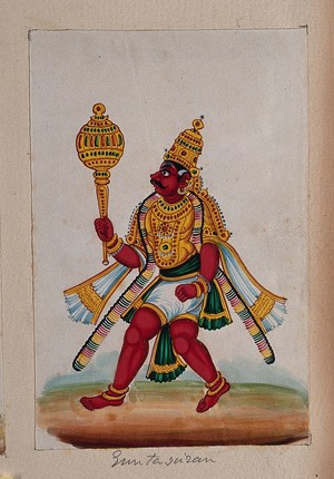 view A legendary warrior holding a mace, possibly Bhima, one of the five Pandava brothers in the Indian epic, Mahabharata. Gouache painting by an Indian artist.