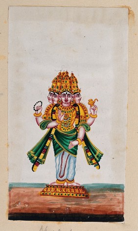 The Hindu god Brahma, with four heads. Gouache painting by an Indian artist.