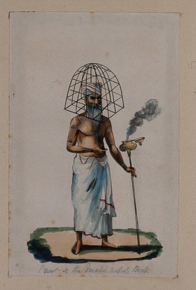 A priest with a protective cage (?) covering his head, holding a stick with smoke coming out of a pot attached at the top. Watercolour by an Indian artist.