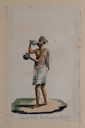 A priest blowing a conch shell. Watercolour painting by an Indian artist.