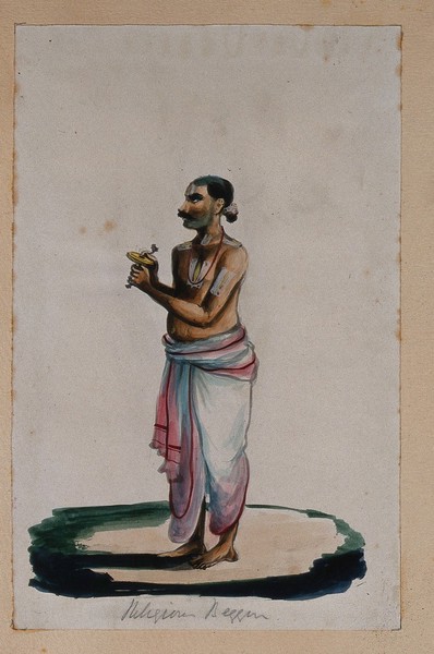 A religious beggar. Watercolour drawing by an Indian artist.
