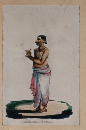 A religious beggar. Watercolour drawing by an Indian artist.
