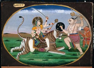 view Devi Durga seated on a tiger prepares to battle a demon. Gouache painting by an Indian artist.