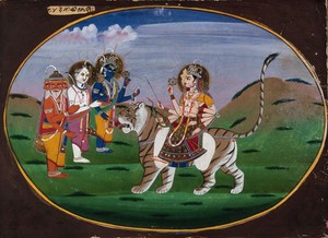 view Devi Durga seated on a tiger before Shiva, Vishnu and Brahma. Gouache painting by an Indian artist.
