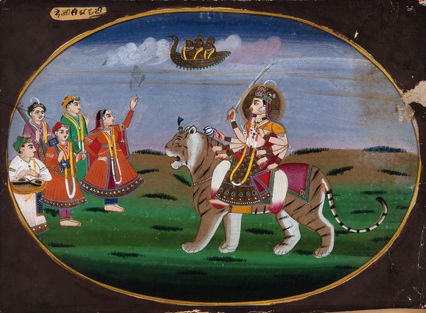 Devi Durga seated on a tiger facing a group of musicians and a dancing girl, who waves to a bird (?) in the sky carrying three people. Gouache painting by an Indian artist.