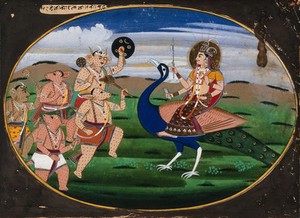 view A manifestation of Devi seated on a peacock, facing a group of demons. Gouache painting by an Indian artist.