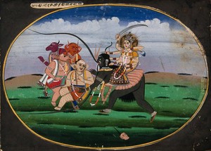 view Durga seated on the goddess Kali, both fighting demons. Gouache painting by an Indian artist.