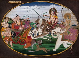 view Durga on a tiger and another goddess on a white elephant, in battle with the demons. Gouache painting by an Indian artist.