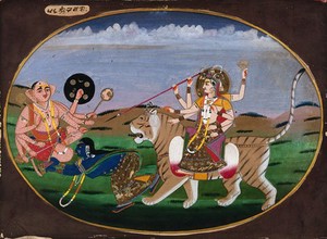 view Durga seated on a tiger, points an arrow towards an blue-skinned female kneeling before a demon. Gouache painting by an Indian artist.