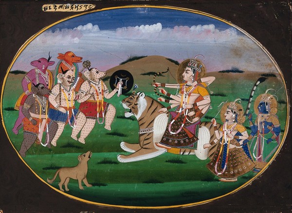 Devi Durga on a tiger draws her bow and arrow to battle the demons Chand and Mund (?). Gouache painting by an Indian artist.