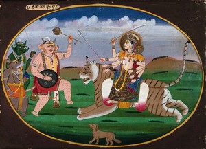 view Devi Durga seated on a tiger prepares to battle the demons. Gouache painting by an Indian artist.