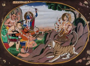 view An eight-armed goddess (Durga ?) standing on a tiger's head faces a group of demons as one of them is attacked by a blue-skinned goddess. Gouache painting by an Indian artist.