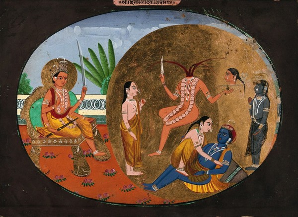 Hindu deities: Shiva, Chhinnamasta, Kamadeva and Rati. Gouache painting by an Indian artist.
