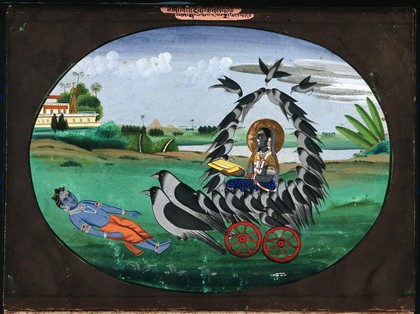 Dhumavati, Hindu goddess of misfortune and unpleasantness, sitting in a chariot drawn by birds before a dead body. Gouache painting by an Indian artist.