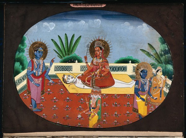 Centre, a form of Parvati seated on top of a recumbent Shiva; left, a manifestation of Shiva; foreground, Brahma; right, Vishnu with his consort Lakshmi. Gouache painting by an Indian artist.