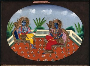 view Shiva and Parvati playing Rudra veenas. Gouache painting by an Indian artist.