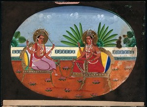 view A three eyed Hindu deity with four arms sitting across a goddess with four arms holding rosary beads. Gouache painting by an Indian artist.