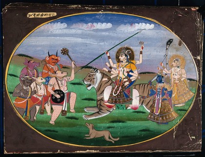Devi Durga seated on a tiger, along with two other goddesses, prepares to battle the five demons. Gouache painting by an Indian artist.