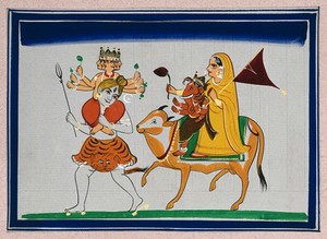 view The holy family: Shiva with his wife Parvati and their children Ganesha and Kartikeya. Gouache painting by an Indian artist.