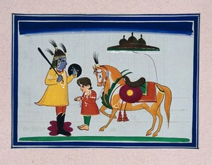 view Indian mythological story with a guard (?) halting a young prince(?) who is leading a horse. Gouache painting by an Indian artist.