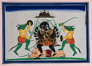 view Kali Ma, a ferocious form of Durga Devi fighting the demons. Gouache painting by an Indian artist.