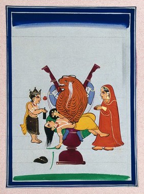 Narasimha, the lion-headed avatar of Vishnu, emerges from a stone pillar to disembowel the demon Hiranyakashipu. Gouache painting by an Indian artist.