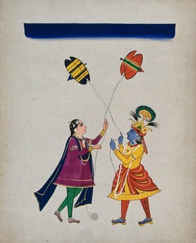 Krishna and Radha flying kites. Gouache painting by an Indian artist.