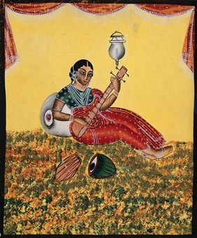 A courtesan playing a sitar. Watercolour by an Indian artist, ca. 1890.