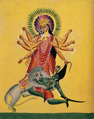 view Durga kills the demon. Watercolour by an Indian artist, ca. 1890.