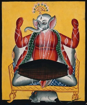 view Ganesh playing the dhola (double drum). Watercolour by an Indian artist, ca. 1890.