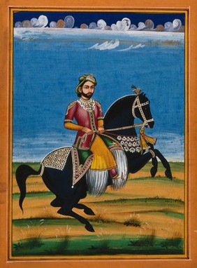 A Hindu raja on a black horse. Painting by an Indian artist, 1800s.