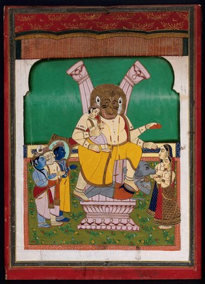 view Narasimha, a lion avatar of the Hindu god Vishnu, emerges from a split stone pillar, holding his devotee Prahlada while vanquishing the demon Hiranyakashipu underfoot. Painting by an Indian artist.