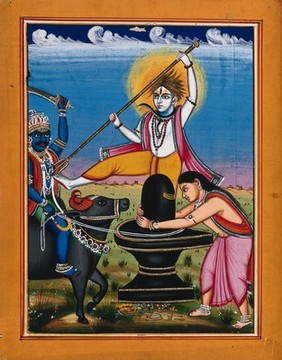 Siva, standing on a lingum, which is worshipped by a woman, defeats a demon on an ox. Painting by an Indian artist, 1800s.