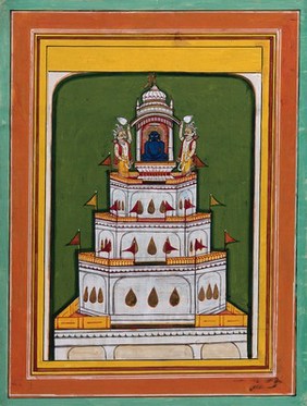 Buddha on top of a tiered pavilion. Painting by an Indian artist, 18--.