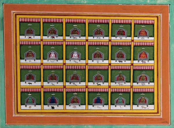 The twenty-four tirthankaras of the Jain religion. Gouache by an Indian artist, 18--.