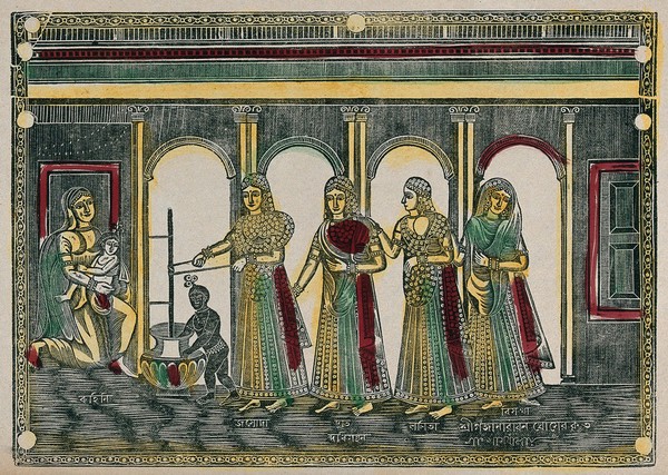 A sacred scene of a mother and child who watches four maidens (one of them Sarasvati?) help a young Indian deity prepare food. Engraving by an Indian artist, 1800s.