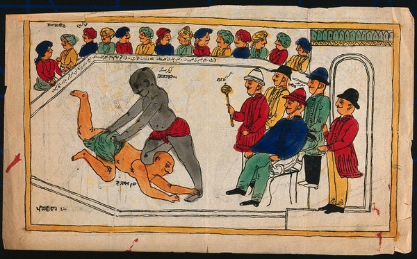 A wrestling match watched by both Indian and English spectators. Engraving by an Indian artist,18--.