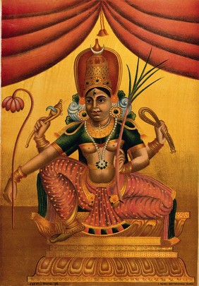 Devi, in benign aspect. Chromolithograph after Ravi Varma, 18--.