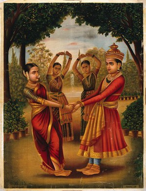 view A girl and boy dance in a garden. Chromolithograph by an Indian artist, 1800s.