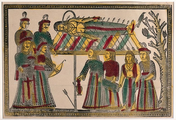 Shiva, encased by arrows lies on top of a platform underneath which stands Krishna and a group onlookers. Engraving with colour by an Indian artist, 1800s.