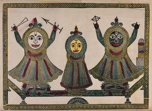 view The Jaganath triad. Coloured engraving by an Indian artist, 1800s.